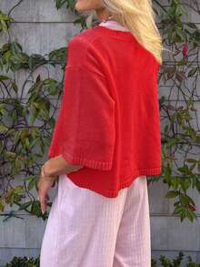 Women Short Sleeve Cardigan Button Down Open Front Knit Crew Neck Sweater Tops Oversized Lightweight Cardigans - Red - View 6