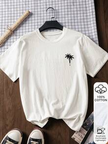 女士宽松椰树印花T恤，100%纯棉，白色短袖图案T恤，中国新年，农历新年，马年，新年快乐，情人节，情人节礼物，送她的礼物，返校服装，校园穿搭灵感，返校必备单品，开学第一天穿搭，2026返校穿搭 - 白色 - 查看 1