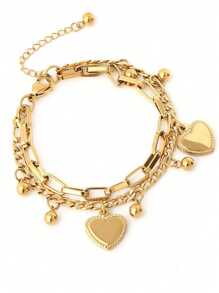 1pc Unisex Couple Bracelet, Vintage Fashionable Double-Layer Heart Design, Multi-Element Chain, Personalized Street Hip-Hop Luxury Titanium Steel Bracelet Accessories