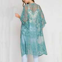 Women Long Flowy Lace Casual Beachwear Mesh Duster Kimono Cardigan, Solid Color 3/4 Sleeve See-Through Crochet Embroidery Flower Swim Cover-Up - 藍色 - 查看 2