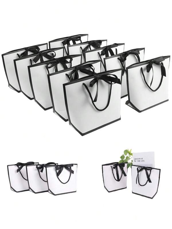 10pcs White Paper Tote Bags With Bow Decoration, Large Capacity Gift Bags For Party, Halloween, Thanksgiving, Christmas, New Year, Wedding, Birthday, Simple Solid Color Shopping Bags, Bakery Packaging, Small Business Supplies, Black And White Gift Bags With Satin Ribbons, DIY Crafts, Beauty Storage