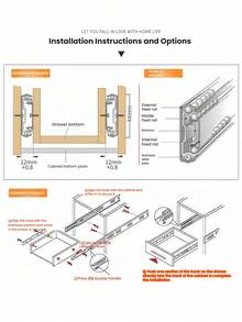 1 对不锈钢抽屉滑轨，加厚静音滑轨，3 节抽屉滑轨带钢珠，适用于橱柜和衣柜抽屉