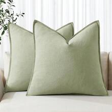 Local Delivery- Decorative Linen Pillow Covers 18x18 Inch Natural Beige ​Boho Farmhouse​ ​Neutral Couch Throw Pillows For Bed Pack Of 2 Accent Outdoor Pillowcase Modern Sofa Cushion Livingroom Home Decor - Light Green - 查看 1