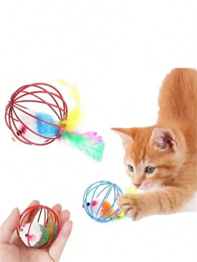 1 قطعة كرة فأر ملونة وعشوائية اللون، لعبة قطط، لعبة ريش للقطط، لعبة داخلية للقطط