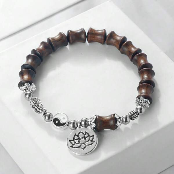 1Pc Of 10mm Natural Wood Bead Bracelet With Alloy Spacer Decoration Buddha Bead Bracelet Men's And Women's Retro Zen Jewelry Accessories