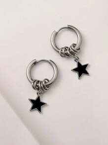 1 Pair Stainless Steel Punk Black Star Hoop Earrings, Fashionable Accessory Suitable For Daily Wear For Women