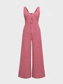 Women's Plaid Pattern Print Sleeveless Front Button Backless Spaghetti Strap Long Leg Wide Leg Casual Tube Jumpsuit, Summer
