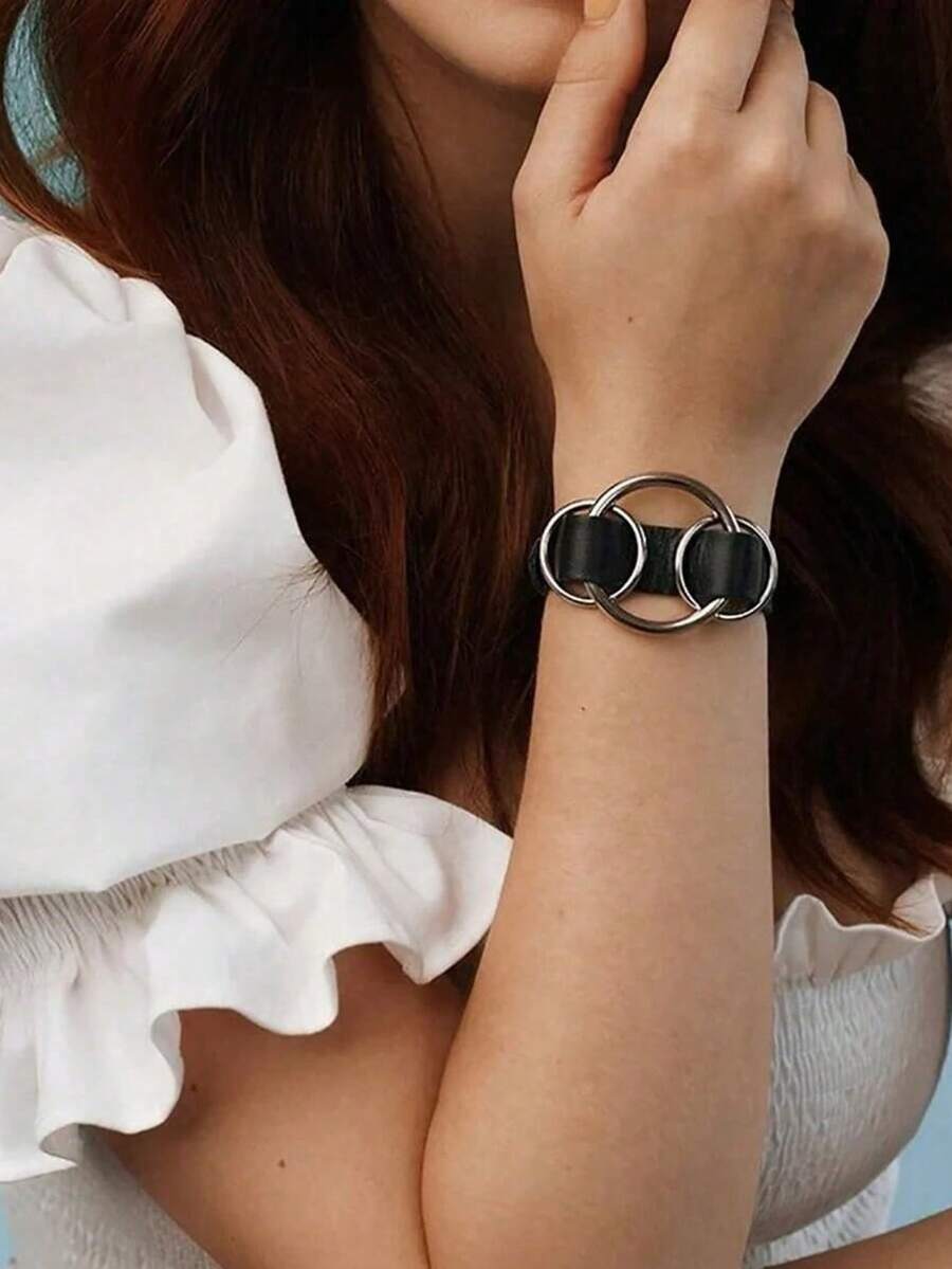 1 件银色 O 型环皮革女士手链，黑色皮革 O 型环腕带，腕口，送给女朋友的礼物 - 彩色 - 查看 1