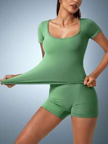 NcmRyu Nude Feeling 速干运动短裤和无袖工字背心 T 恤套装，户外休闲跑步健身服 - 綠色 - 查看 1