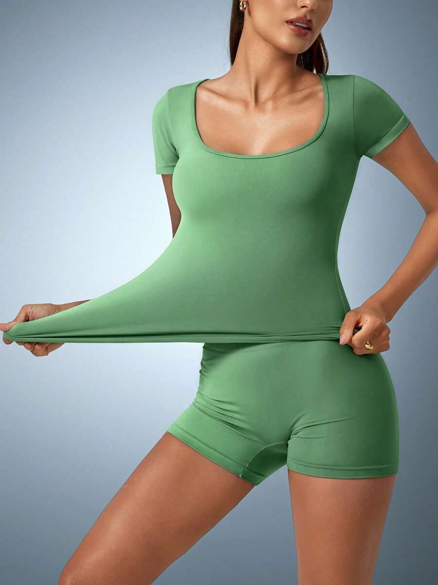 NcmRyu Nude Feeling 速干运动短裤和无袖工字背心 T 恤套装，户外休闲跑步健身服 - 綠色 - 查看 1
