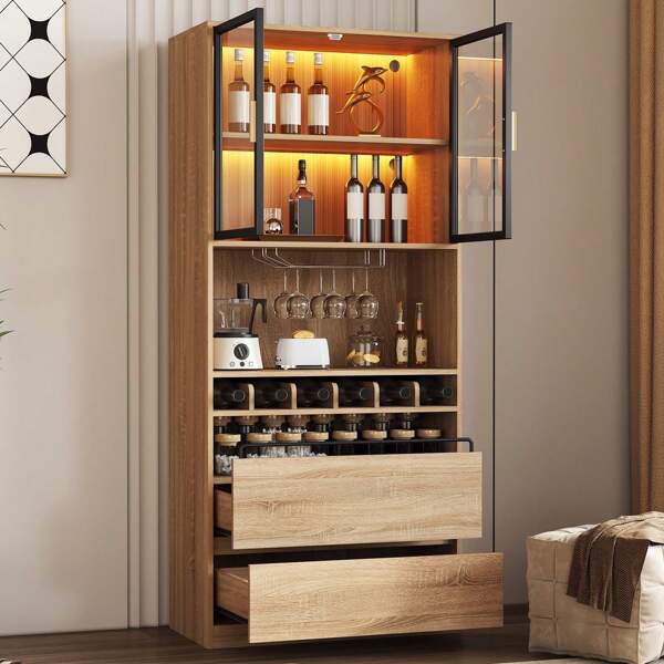 FLIEKS Flieks Küchenbuffet mit LED-Beleuchtung, Weinregal, Gläserhalter und Gewürzregal (1-St., B80/T40/H180 cm) Hochschrank mit Glastüren und Schubladen Küchenschrank Standvitrine