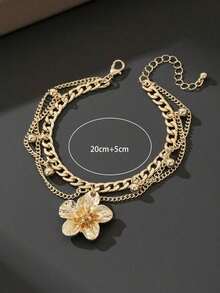 1pc Vacation Style Line & Tassel Golden Flower Pendant Multilayer Anklet For Women (No Gift Box) - Hồng - Xem 5