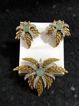 Vintage Floral & Feather Carved Elegant Brooch And Earrings Set, Suitable For Women's Daily Occasions And Gatherings