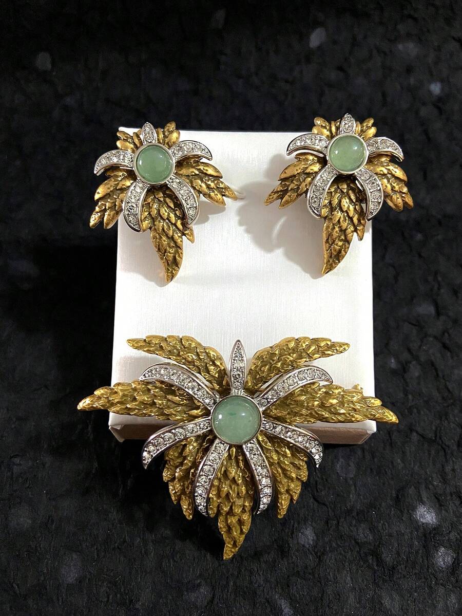 Bộ trâm cài áo và hoa tai chạm khắc họa tiết hoa và lông vũ cổ điển, phù hợp cho các dịp thường ngày và buổi tụ họp của phụ nữ - Bộ hoa tai trâm cài áo trang nhã chạm khắc lông vũ - Xem 1