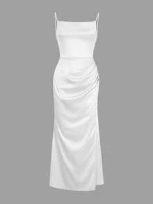 Look Polly Women's Summer Dress, Solid Color Silk Maxi Slip Dress, Wedding Guest Dress, Autumn Dress, Back To School Outfit, All White Party Set, Off-Shoulder Gown, Formal Dance Dress, Elegant Sexy High Slit Maxi Dress, All White Party Set, Christmas Outfit - White - View 4