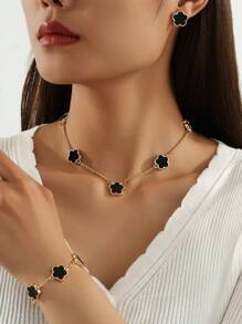 3pcs Simple Classic Lucky 4-Leaf Clover Pendant Necklaces Set, Women Jewelry Set