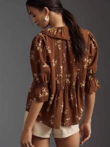 Women's Button Down Blouse Loose Fit Solid/Floral Print Ruffled V Neck Elbow Sleeve Tops - Brown - View 3