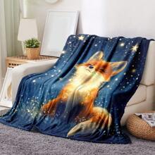 1pc Fox Under The Stars Lightweight Flannel Throw Blanket - Polyester Fleece Blanket For Sofa, Bed, Travel, Camping, Living Room, Office, Couch, Chair, And Bed - Digital Printing, No Electricity Or Feathers Required