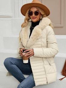 Giolshon Women's Fall/Winter Faux Leather Puffer Jacket, Faux Fur Collar,Teacher Outfits , Adjustable Belt For Chic Commuting & Layering - Beige - View 6