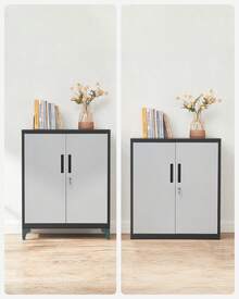 Caisson de Bureau, Placard Polyvalent, Armoire de Bureau à 2 Portes, Verrouillable, en Acier, pour Salon, Argenté et Noir - Gris + Noir - Voir 5