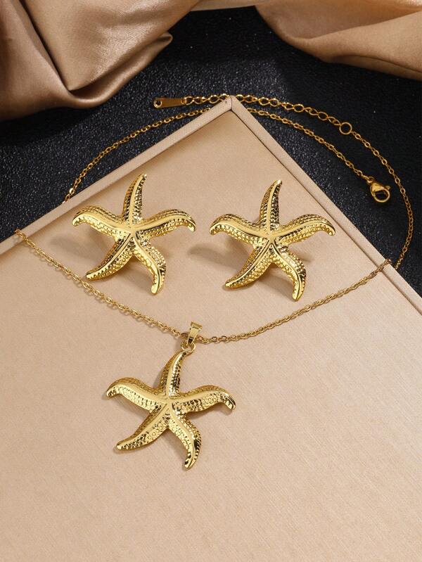 1 Set de joyería minimalista y de moda con collar y aretes de acero inoxidable con forma de estrella de mar, adecuado para mujeres para la playa, vacaciones o uso diario