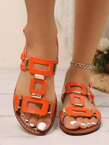 Sandálias Rasteiras Femininas Novas Com Fivela Quadrada Para Decoração Primavera/Verão, Sandálias De Praia Femininas, Xadrez, Festa Na Praia, Resort, Moda Casual, Casamento, Ao Ar Livre, Sandálias Rasteiras Com Fivela Vazada, Praia, Festival, Academia, Resort, Festa Ao Ar Livre, Casamento, Primavera/Verão