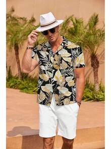Mens Hawaiian Shirt Short Sleeve Floral Button Down Shirts Tropical Summer Beach Shirts Camp Collar Shirthalloween - 黑色-棕櫚葉 - 查看 3