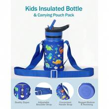 2 Pack Insulated Kids Water Bottle,  14oz Stainless Steel Water Bottles With  Straw Lid, -FREE Lead-Free Double Wall Leak Proof Drink Cups Flask For School (Blue Car +Blue Dinosaur) - 藍色恐龍樂園套裝 - 查看 2