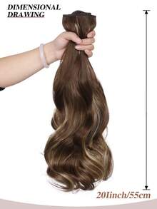 V 型卷发夹入式接发，自然造型，无痛，蓬松，女士合成假发 - 挑染棕色 - 查看 6