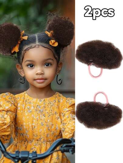 Kid's 2pcs Kid Ponytail Double Afro Puffs Kinky Curly Hair Bun For Kid's Age 0-5 Natural Black Synthetic Wigs Suitable For Daily Wear And Birthday Parties