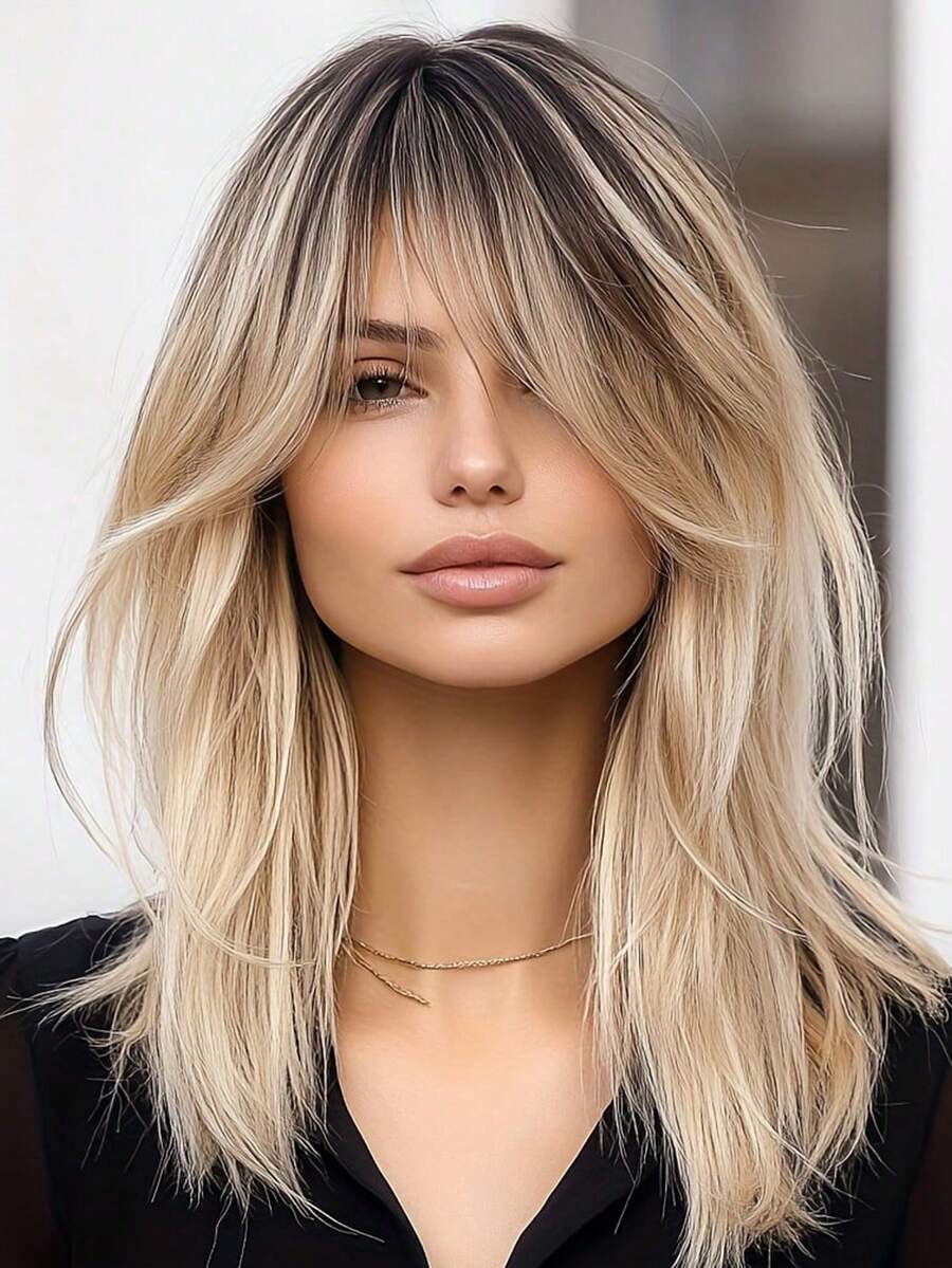 Tóc giả nữ dài 18 inch màu vàng ombre, tóc thẳng tỉa lớp có mái, phù hợp cho sử dụng hàng ngày, dự tiệc, đám cưới, lễ hội âm nhạc, Ngày của Mẹ, Halloween, Giáng sinh và các dịp khác, cũng có thể làm quà tặng cho bạn gái. - Làm nổi bật tóc vàng - Xem 1