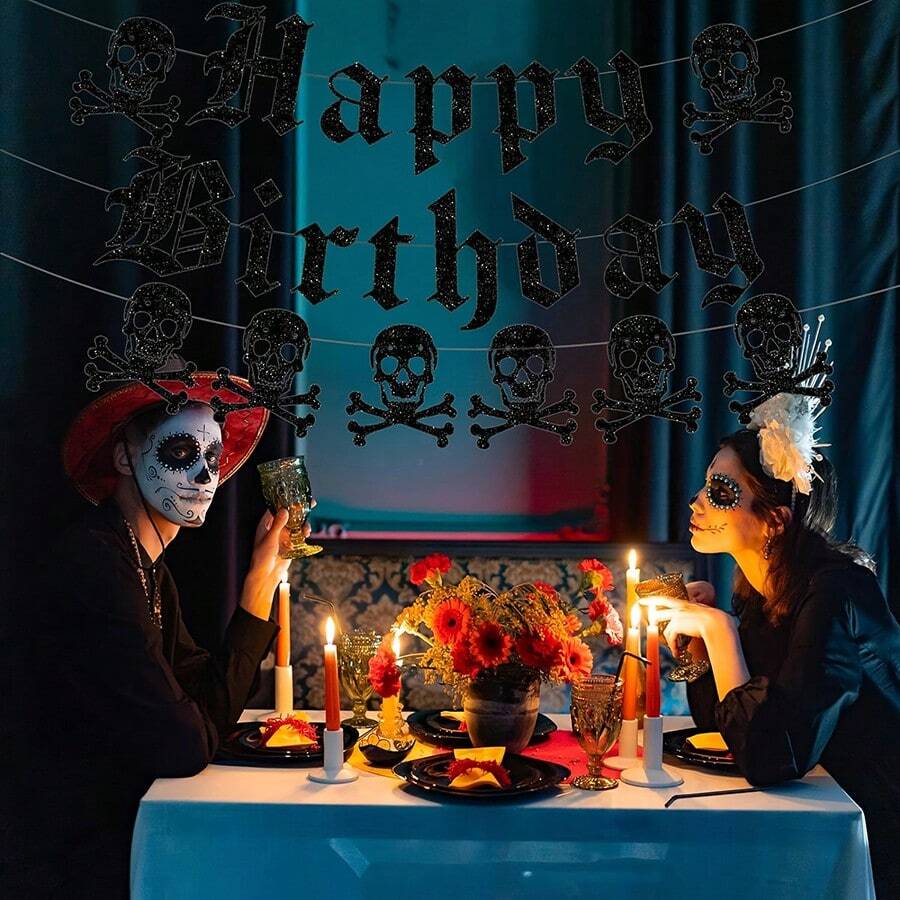 万圣节主题黑色骷髅花环吊旗，恐怖派对装饰，哥特式生日横幅 - 黑色闪光骷髅花环，适合尖叫派对和里程碑庆祝活动（20 岁、30 岁、40 岁），万圣节主题装饰