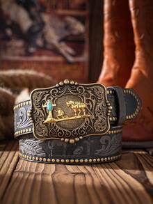 1 件男士波西米亚西部牛仔马扣复古深棕色 PU 皮带，适合所有季节秋季、秋季、万圣节秋冬配饰，适合青少年、青年、男士、休闲、户外、运动、度假、毕业礼物、生日、日常穿着