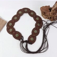 1 Stück Bohemian Stil PU Patchwork Rundschnalle Unisex Gürtel, vielseitiger breiter Ledergürtel mit Quaste