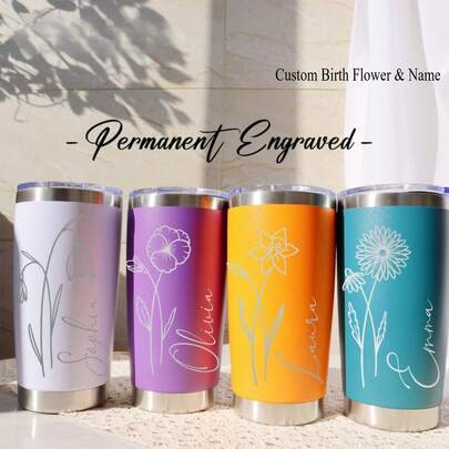 1Pc 20Oz Personalized Birth Flower 20oz Tumbler, Laser Engraved Tumbler, Stainless Steel Mug, Insulated Tumbler, Birth Flower Tumbler For Father's Day Gift, Mother's Day Gift, Anniversary Gift, Birthday Gift