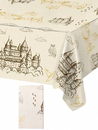 1 件复古城堡主题桌布，巫师猫头鹰塔图案桌布派对桌布，一次性塑料桌布适用于生日派对装饰、婴儿洗礼装饰、餐桌装饰、家庭朋友聚会用品、厨房餐厅装饰、家居装饰、圣诞节