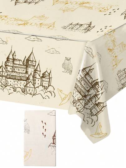 1pc Vintage Castle Theme Tablecloth, Wizard Owl Tower Pattern Table Cover Party Table Cloth, Disposable Plastic Tablecloth For Birthday Party Decor,BabyShower Decor, Table Decor, Family Friends Gathering Party Supplies, Kitchen Dining Room Decor,Home Decor,Christmas