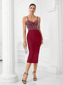 Bernatova 勃艮第可调节细肩带刺绣泡泡珠女式性感俱乐部紧身连衣裙，优雅鸡尾酒半正式舞会礼服，适合生日、名人派对、毕业典礼、晚宴 - 酒紅色 - 查看 2