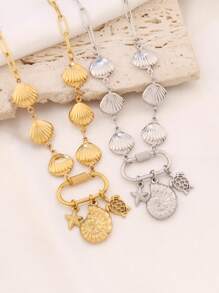 1 pièce Collier pendentif en acier inoxydable avec charme de conque, étoile de mer, tortue océanique et coquillage creux. Design mode. Collier chaîne pour femmes, bijoux