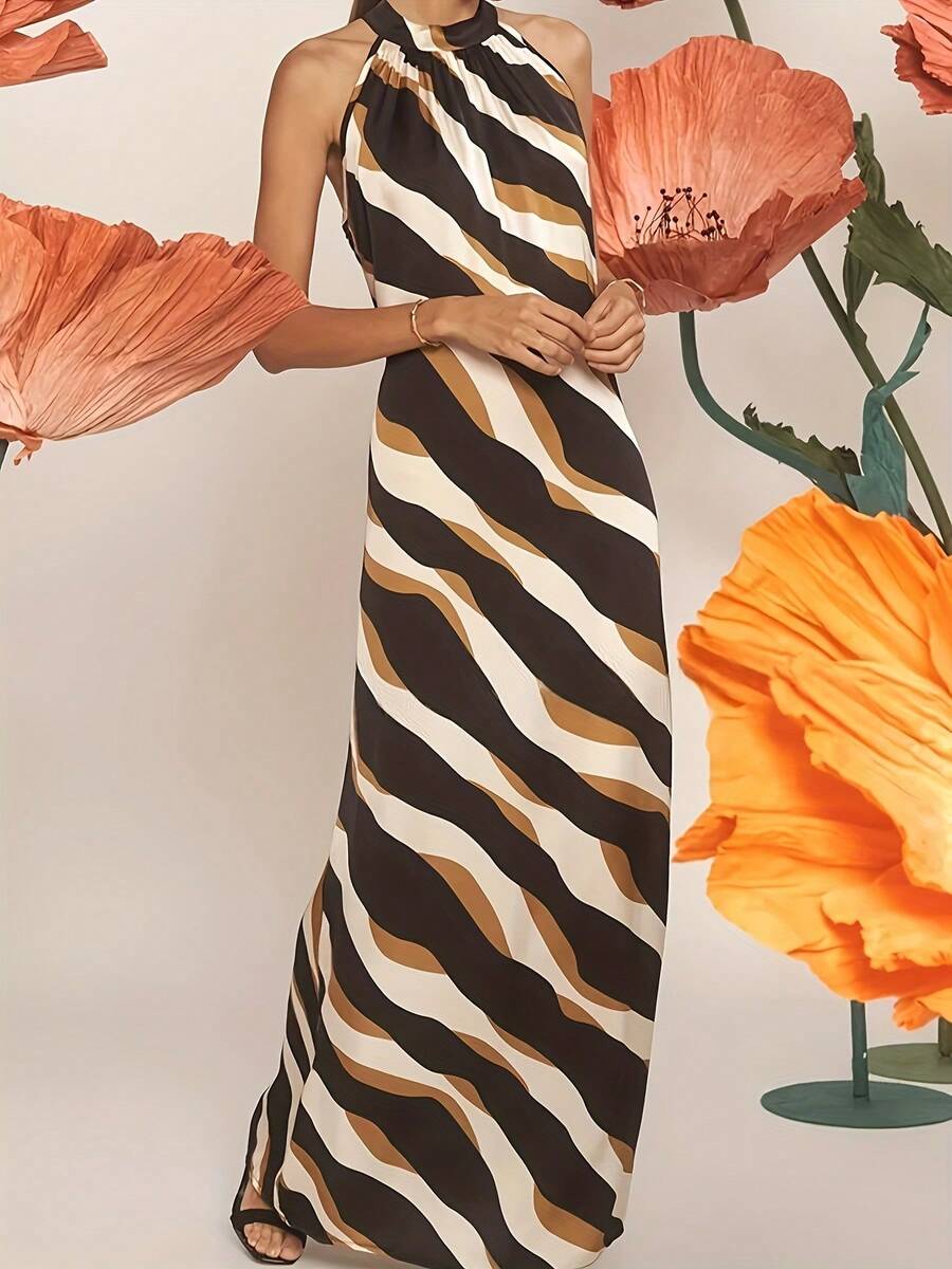 Robe sans manches distinctive à rayures - Polyester léger, tenue de plage d'été casual - Multicolore - Voir 1