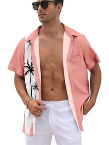 Men's Short Sleeve Button Up Hawaiian Shirt 1950s Vintage Bowling Shirtshalloween - 夏威夷粉紅白黑樹 - 查看 11