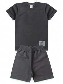 Conjunto Verão Menino Camiseta e Bermuda com Bainha Sobreposta - Cinza - Visão 3