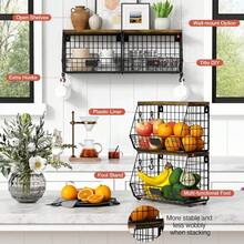 Local Delivery -Hanging Wall Fruit Basket For Kitchen Counter 2 Pack, Stackable Wire Baskets For Organizing With Wood Lid, Potato And Onion Storage Bin With Banana Hook For Vegetable Produce, Black + Rustic - Black + Rustic Brown - View 6