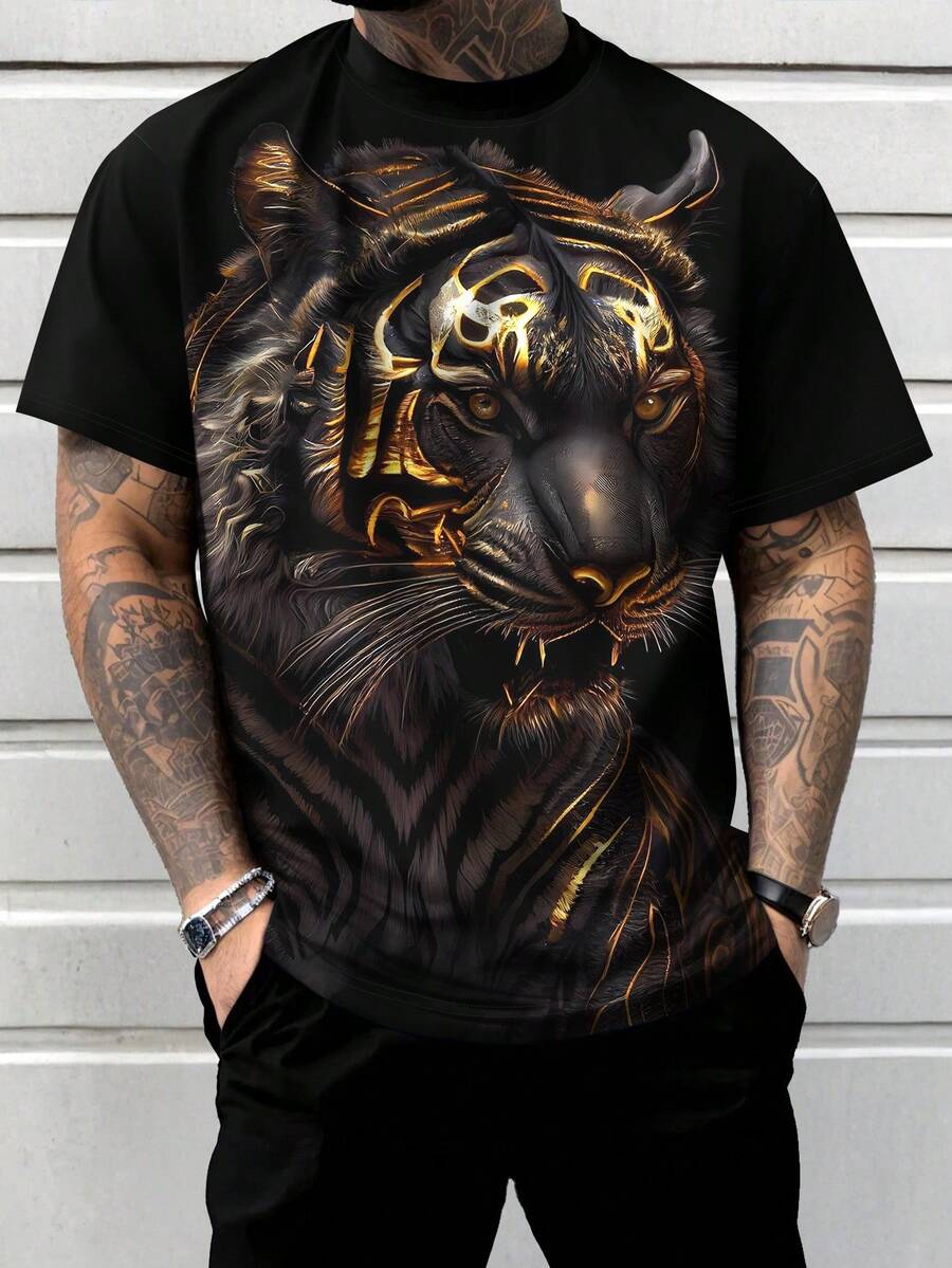 Plus Size Men's Casual Tiger Print Short Sleeve Round Neck T-Shirt, Summer