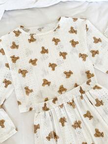 Nina Bonheur 2pcs Women Comfortable Hollow Bear Print Long Sleeve Sleepwear Set , Crew Neck Top And Side Slit Shorts Homewear, Cozy Outfit, Fall Winter Clothes - White - View 4