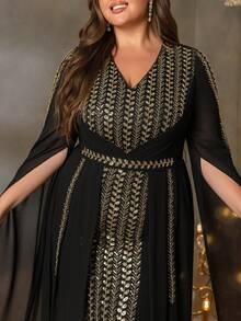 Faeriesty Kurvenreiches, elegantes Maxikleid mit V-Ausschnitt und extra langen Ärmeln für Damen in Große Größen mit aufwendiger Stickerei: Perfekt für große Hochzeiten, hochkarätige Geschäftsgalas, Abendempfänge, renommierte Wohltätigkeitsveranstaltungen und diplomatische Empfänge