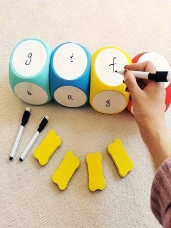 3 Piecesset Of Reusable And Erasable EVA Whiteboard Dice, With A Rubber Eraser And Pen, Is A Fun Classroom For Math And English Skill.
