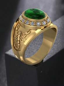 1pc Punk Style Men's Daring Scorpion Design Ring, Gold-Tone Copper With Green Jade Accents And Shimmering Synthetic Cubic Zirconia Stone, Elegant & Glamorous Party/Event Gift And Everyday Wear, Casual Or Formal