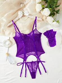weiweihu Sexy Luxury Women's Sexy Underwear Set, Printed Embroidery Lace See-Through Temptation Strap Stitching Tight Plastic Metal Chain Around Decorative Bra & Underwear & Lace Strap A Total Of 3 Pieces, Women's Sexy Lingerie & Underwear - Màu tím - Xem 4