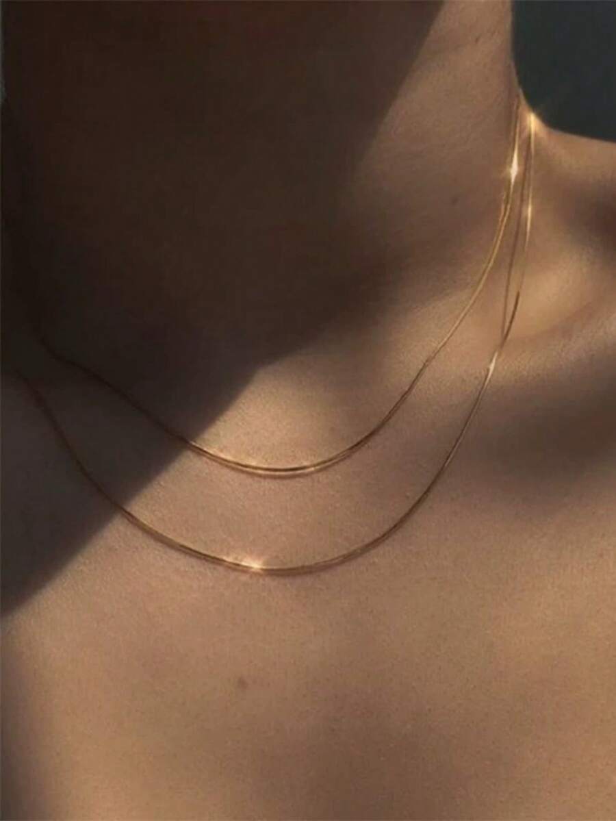 多层时尚不锈钢蛇链项链，适合女孩日常佩戴 - 金色 - 查看 1